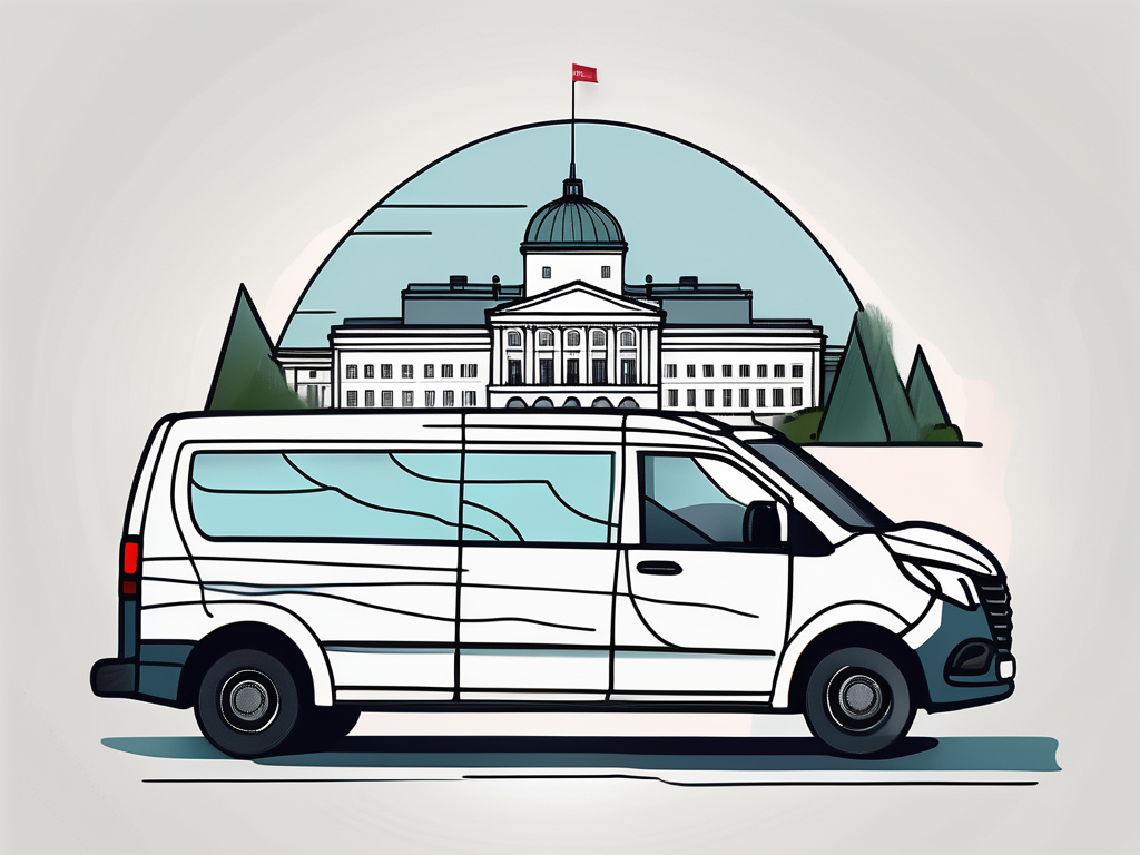 A sleek courier van driving on a scenic road with oslo's iconic landmarks like the royal palace and the opera house in the background