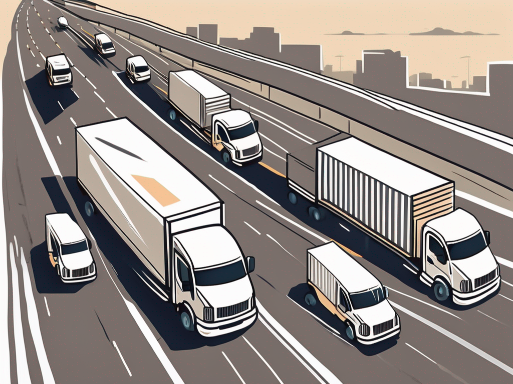 A fleet of delivery trucks speeding down a highway