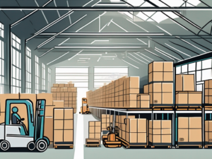 A bustling warehouse with various boxes being moved around by automated machines