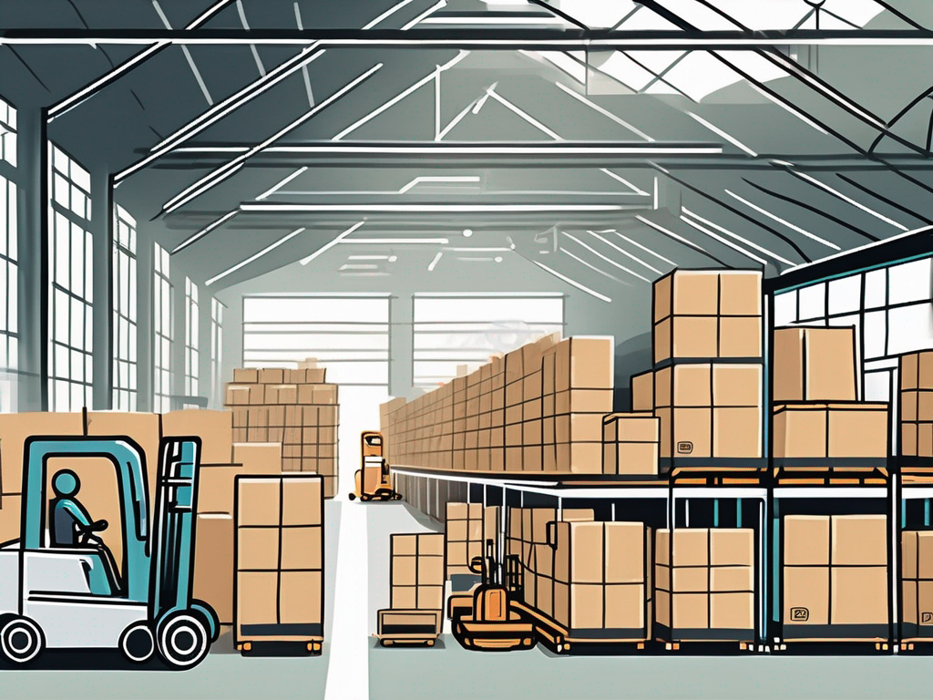 A bustling warehouse with various boxes being moved around by automated machines