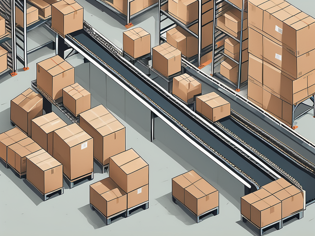 A warehouse with various boxes moving along a streamlined conveyor belt system