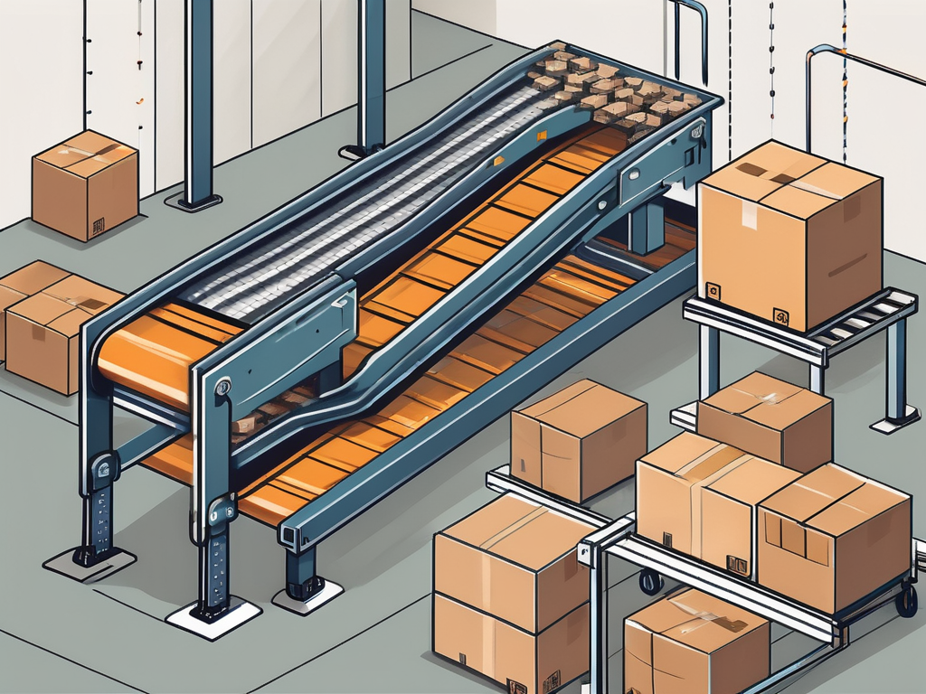 A conveyor belt system in a warehouse