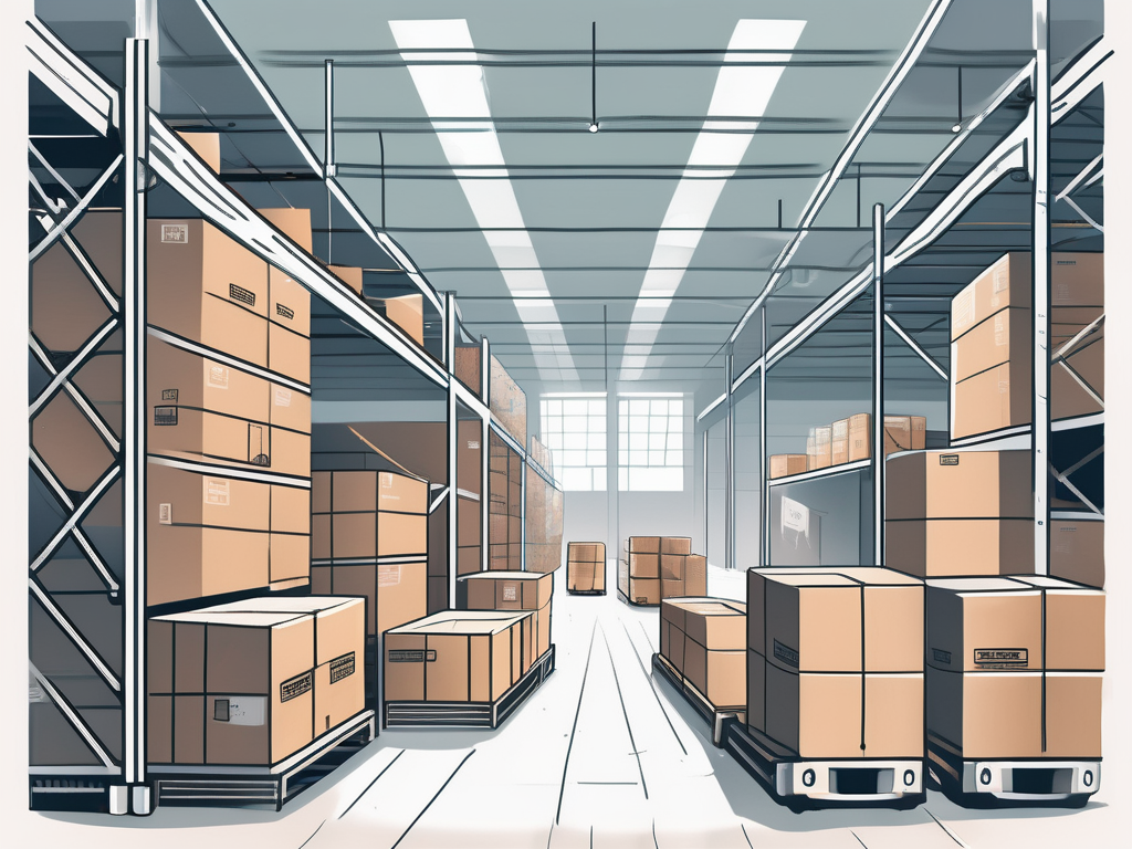 A warehouse filled with various packages and a futuristic robotic system handling the sorting and distribution process