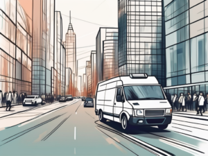 A cityscape with a professional delivery van navigating through the busy streets