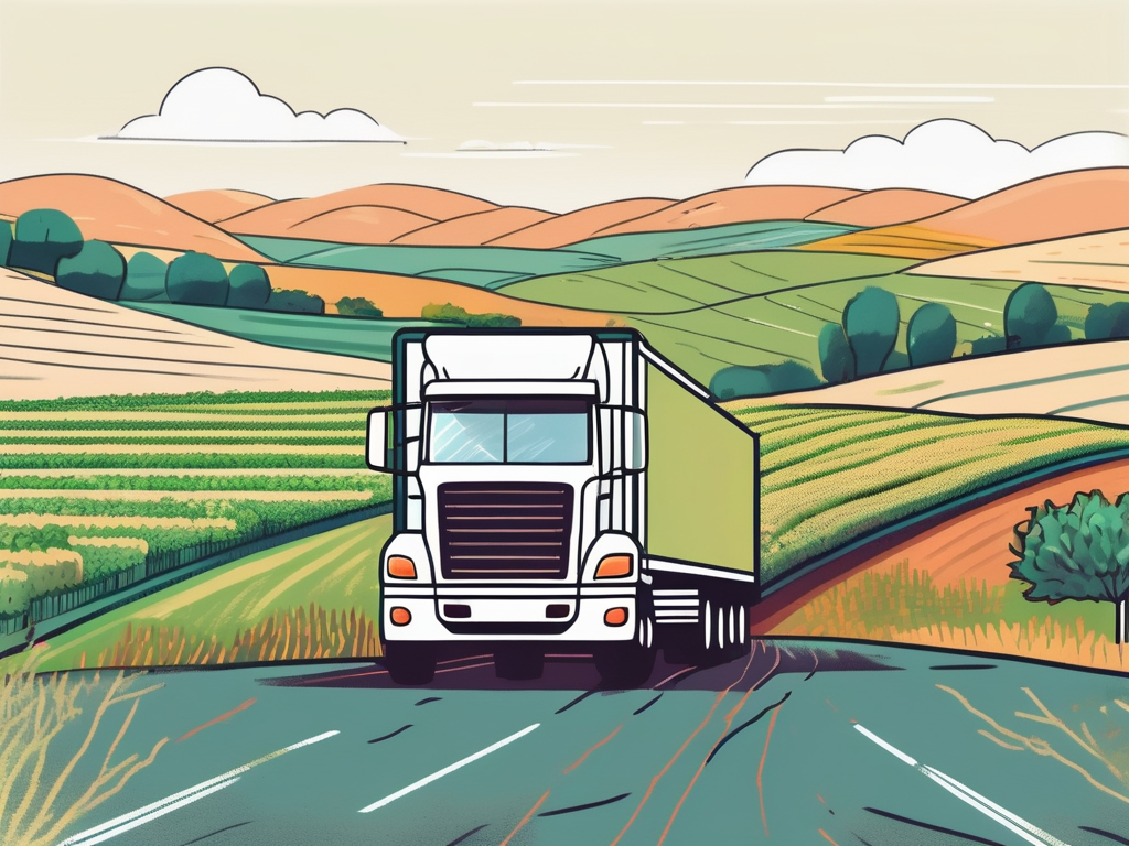 A refrigerated truck driving on a road with a landscape of farmlands in the background