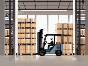 A warehouse with a forklift transporting pallets filled with boxed goods