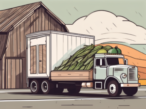 A refrigerated truck traveling on a road that starts from a farm (signified by a barn and some crops) and ends at a grocery store