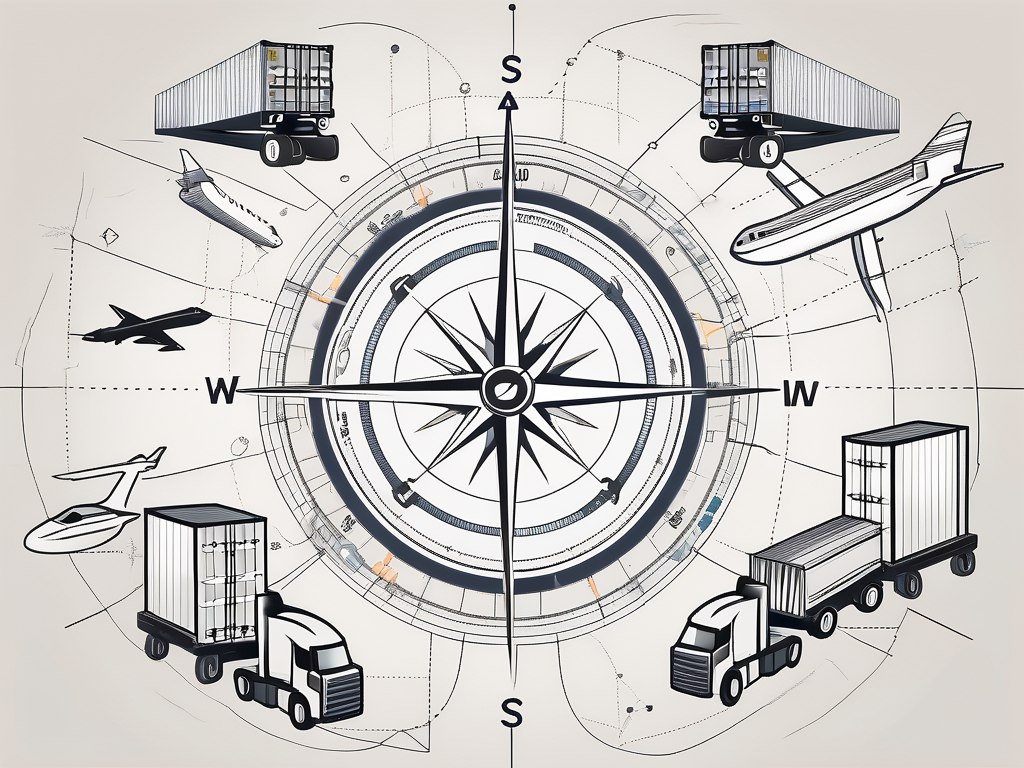 A navigational compass surrounded by various logistic elements like trucks