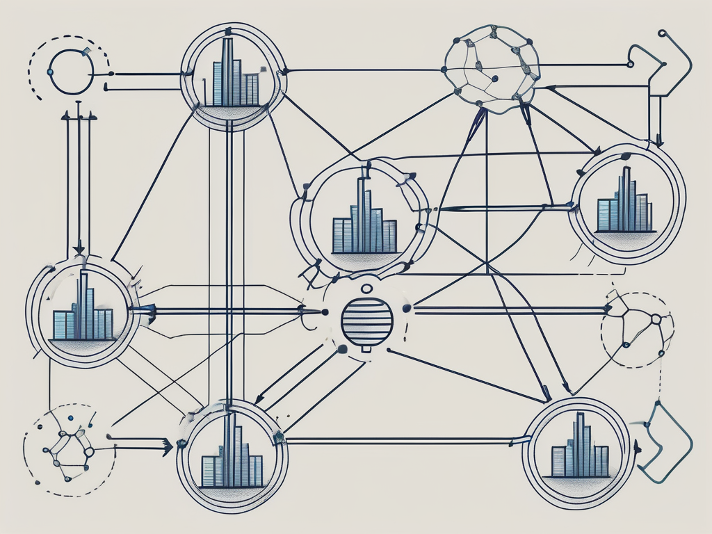 A complex supply chain network with various interconnected nodes and lines