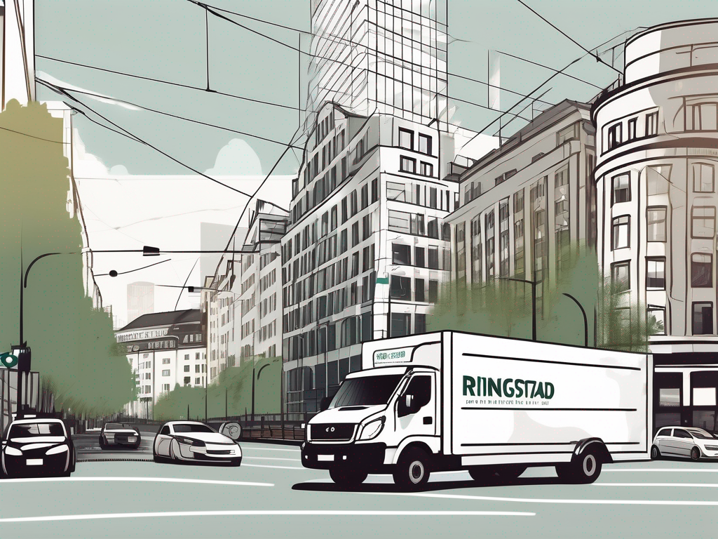 A bustling oslo cityscape with a ringstad transport delivery truck navigating smoothly through the city